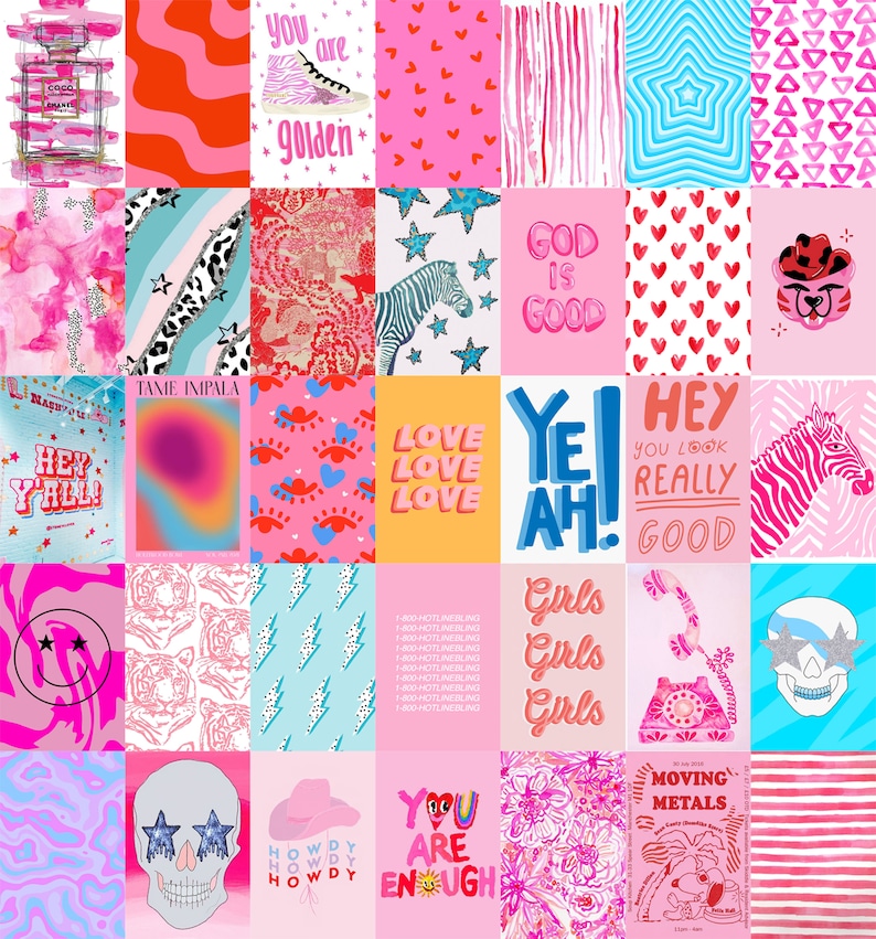 K&ouml;nnte beinhalten: Eine Collage aus bunten digitalen Illustrationen mit verschiedenen Themen, darunter Tiere, Herzen, Sterne und Text. Der Text enth&auml;lt S&auml;tze wie "You are golden", "God is good", "Love Love Love", "Hey Y'all", "Howdy Howdy Howdy" und "You are enough".
