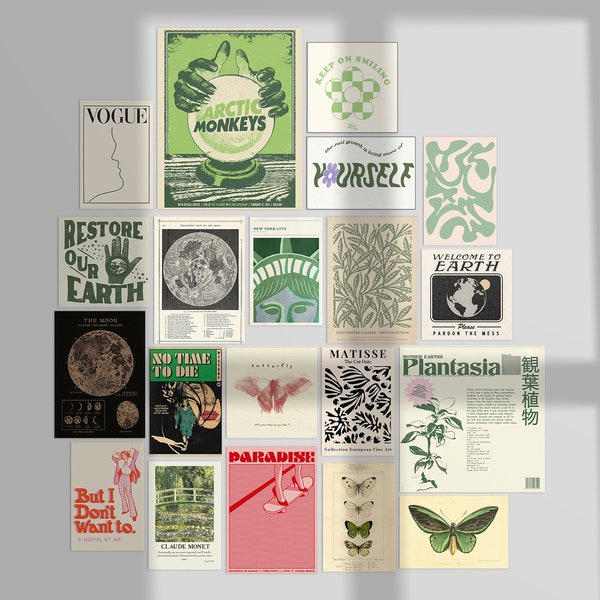 Kit de collage digital, kit de collage de pared vintage estético, collage de fotos retro de niña adolescente, arte estético de pared verde, decoración de la habitación de Pinterest