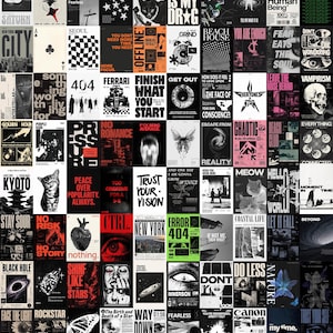 Può includere: Un grande collage di poster rettangolari con una varietà di design grafici, tipografia, illustrazioni di animali, corpi celesti, anatomia umana e scene urbane in bianco, nero e rosso, disposti in un motivo a griglia.