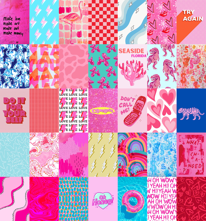 K&ouml;nnte beinhalten: Eine Collage aus 25 bunten digitalen Illustrationen mit verschiedenen Mustern und Texten. Die Illustrationen beinhalten Herzen, Blitze, Regenb&ouml;gen, Sterne und Tiere. Der Text enth&auml;lt S&auml;tze wie "Do it for yourself", "Love Love Love", "Clueless", "Don't call me", "Try again", "Oh Honey" und "Whatcha singin".