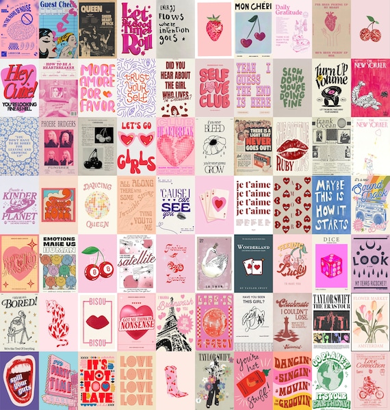 Teen Girl Aesthetic Wall Collage Kit – Coquette & Pink Maximalist Room Decor, 100 JPGs