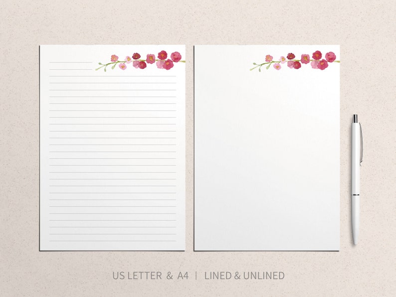 Printable Stationary Larkspur Paper, Flower Stationary Paper, Red