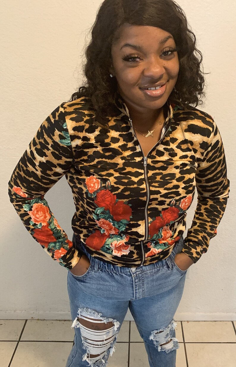 Bomber Jacket Half Rose Floral and Cheetah Print
