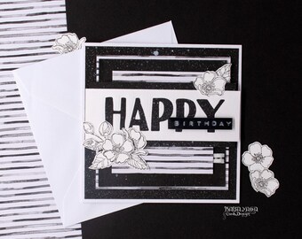 Regalo Cumpleaños / Tarjeta Cumpleaños / Feliz Cumpleaños / Tarjeta de felicitación de cumpleaños hecha a mano / Técnica de Scrapbooking / Blanco y Negro