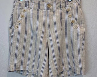 Sundance Linen Shorts Tan Blue & White Stripes Button Details on Pockets Size 12