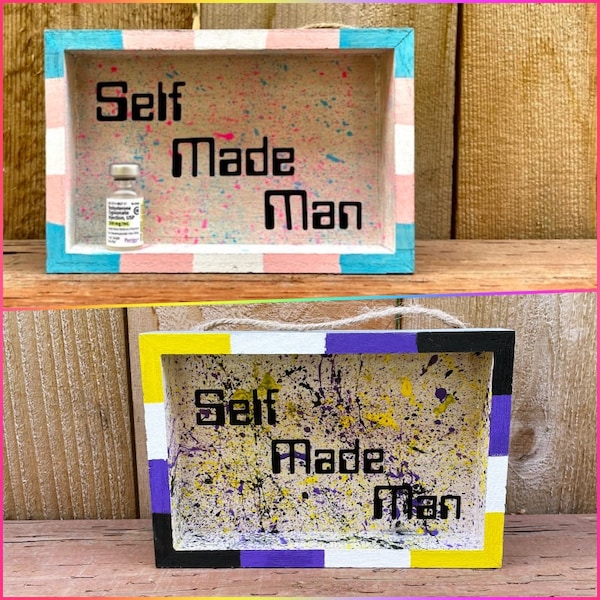 Pride Trans/NB "Self Made Man" T Shot Hanging Shadow Box (Hollow/No Glass)