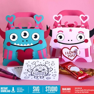 DIY Liebe Monster Leckerli Box SVG | Valentinstag Aktivitätskoffer mit druckbaren Malvorlagen & Spielen | 3D Cricut Bastelvorlage für Kinder