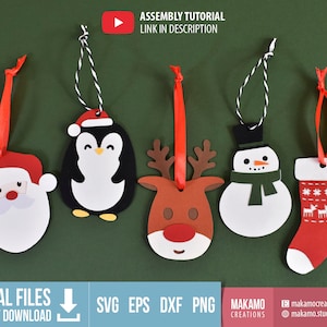 クリスマス タグ svg、レイヤー ギフト タグ テンプレート、サンタ、ルドルフ、雪だるま、ストッキング、ペンギン、クリカット用カット ファイル、クリスマスの子供用オーナメント