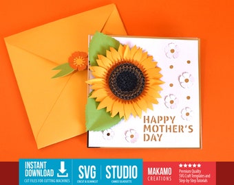 Cartão de aniversário SVG, Cartão de dia das mães SVG - Girassol 3D, arquivos SVG de cartão pop-up para cricut, cameo, scanncut, presente para mãe, download digital
