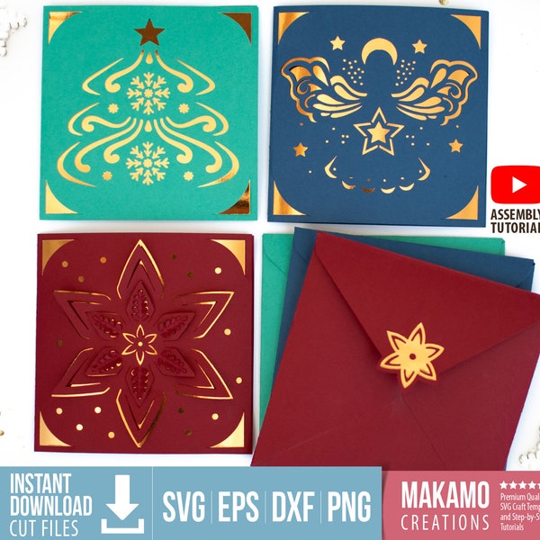 Christmas Card SVG Bundle Cut files for cricut, Insert card svg templates, Angel Christmas card, Christmas Tree Card, 3D Pop-up Poinsettia