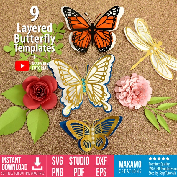 9 Layered Butterfly SVG Bundle - 3D paper butterfly Templates with Free rolled flower SVG, dragonfly svg and leaves files cricut projects