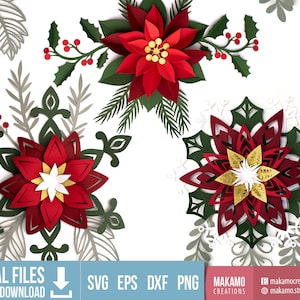 3D Christmas Paper Flowers svgs, 3D Paper Poinsettia svg, Cardstock Christmas Snowflake Flowers, Christmas decor for cricut, silhouette, etc