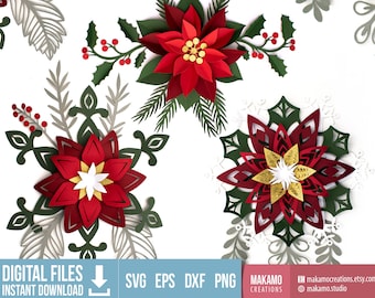 3D Christmas Paper Flowers svgs, 3D Paper Poinsettia svg, Cardstock Christmas Snowflake Flowers, Christmas decor for cricut, silhouette, etc