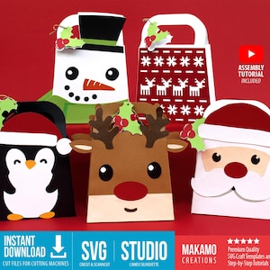 Bolsas de regalo navideñas SVG 5 plantillas, proyectos de bricolaje para niños, archivos de corte digitales para Cricut. Caja/bolsa de regalo de golosinas para niños (Papá Noel, Rodolfo...)