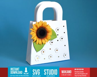 Plantilla SVG de bolsa de regalo de girasol 3D: Manualidad de primavera (Descarga digital para máquinas de corte)