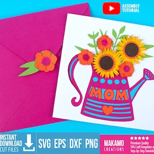 Mother's Day card svg, Happy Birthday card SVG template, 3D Pop up Sunflower bouquet in Watering Can card for woman, svg files for cricut