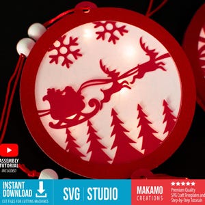 Paquete SVG de adornos navideños redondos iluminados: adornos de árbol SVG para hacer tú mismo, incluye adornos de Papá Noel, plantilla en blanco para nombre personalizado, muñeco de nieve y más