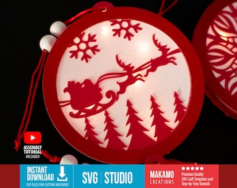 Adornos navideños iluminados SVG: Papá Noel, muñeco de nieve y árbol (plantillas digitales para máquinas de corte)