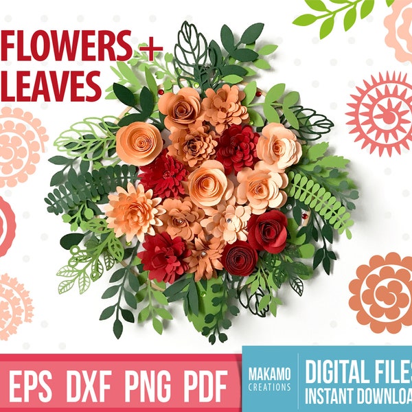 Paper flower & leaf SVG bundle, 3d flower svg, Rolled Flower svg template, Paper Flower Template, Digital files Paper flower & leaf SVG bundle, 3d flower svg, Rolled Flower svg template, Paper Flower Template, Digital files