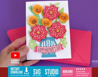 3D Floral card SVG: Mother’s Day, Birthday | DIY Vase with flowers Pop-Up Card Template