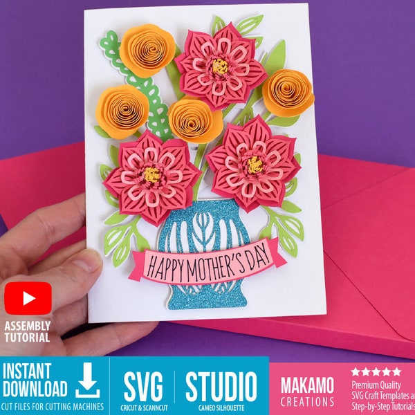 3D Mother’s Day card SVG, Happy birthday card, Floral card, Vase with flowers Pop Up Card SVG Template for cutting machines, 3d box envelope