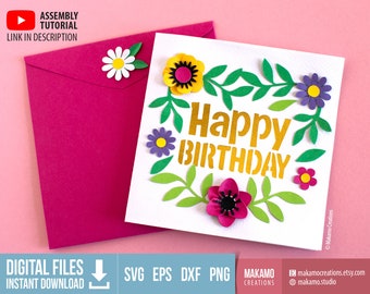 3D Floral Happy Birthday Pop Up Card SVG Template (Digital Download)