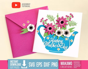 Teekanne mit Blumen Karte SVG: Geburtstag, Muttertag | DIY Pop-Up Blumenkarte Cricut Dateien