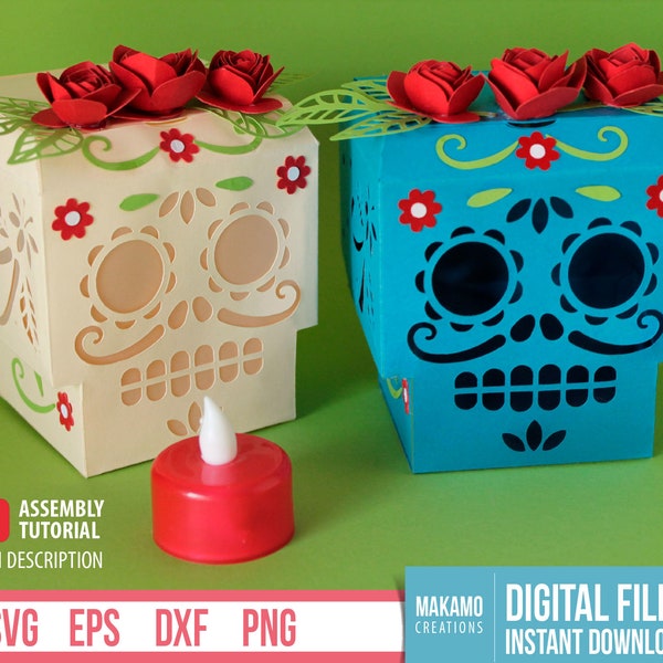 DIY Día de los Muertos Calavera Linterna svg, Calavera linterna svg, Caja de regalo svg, Diseño de Calavera de Halloween, Decoración de Halloween, Calavera de Azúcar