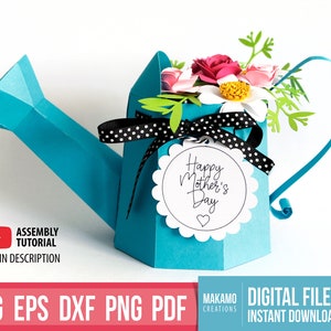 Regadera de papel 3D con flores enrolladas, plantilla digital svg para cricut, caja de regalo con tarjeta y ramo de flores para el Día de la Madre, svg de feliz cumpleaños