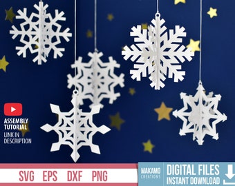 Plantillas de copos de nieve de papel en 3D: Archivos SVG para máquinas de corte de adornos navideños