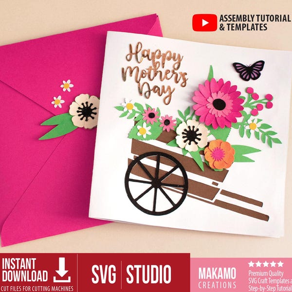 DIY Birthday, Mother's Day Card SVG Template: Floral Garden Cart  (Digital Download Cut Files for Cricut, Cameo & ScanNCut)