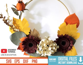 DIY Paper Flower Fall Wreath SVG, Thanksgiving Decor, Hydrangea, Gerbera Daisy, Fall Leaves, Digital templates, SVG cut files for cricut