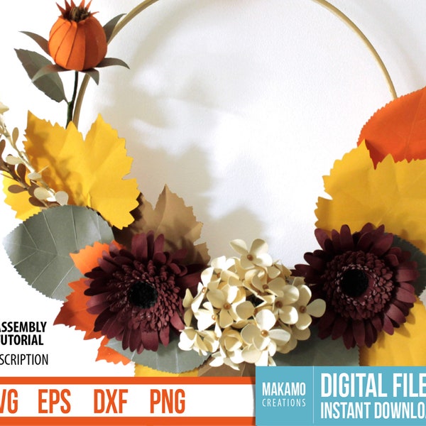 DIY Paper Flower Fall Wreath SVG, Thanksgiving Decor, Hydrangea, Gerbera Daisy, Fall Leaves, Digital templates, SVG cut files for cricut