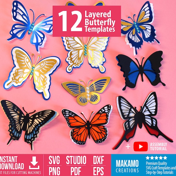 12 Butterfly Svg Bundle - 3D Monarch Butterfly SVG, Mariposas de papel en capas, proyectos de bricolaje cortan archivos svg para cricut, silueta..