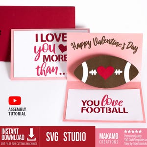 Tarjeta de San Valentín desplegable SVG para amantes del fútbol, plantilla de tarjeta de feliz día de San Valentín, archivos de corte Cricut, proyectos de cartulina para hacer uno mismo, descarga instantánea