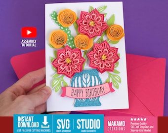 3D Happy birthday card SVG, Mother’s Day card, Floral card, Vase with flowers Pop Up Card SVG Template for cutting machines, 3d box envelope