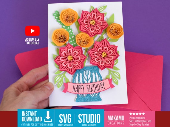 3D Floral card SVG: Mother’s Day, Birthday | DIY Vase with flowers Pop-Up Card Template