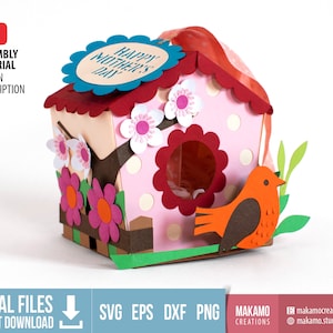 3D Vogelhaus mit Blumen Cut Files, Muttertags Geschenkbox, Geschenkbox Cricut, Geschenkbox Cricut, Geschenkbox Cricut