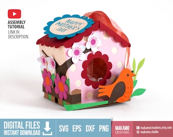 3d Bird House Svg, Mother&#39;s Day Gift Box Svg, Paper Bird House with flowers cut files for cricut, Box card, Gift Box cricut template
