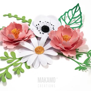 paper flower svg and leaf svg bundle, diy flower templates, svg files for cricut, 3d flower, spring svg, paper flower svg, graduation cap topper flowers, peony svg, daisy svg
