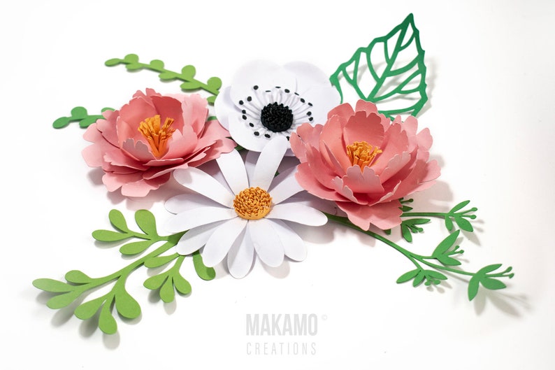 paper flower svg and leaf svg bundle, diy flower templates, svg files for cricut, 3d flower, spring svg, paper flower svg, graduation cap topper flowers, peony svg, daisy svg