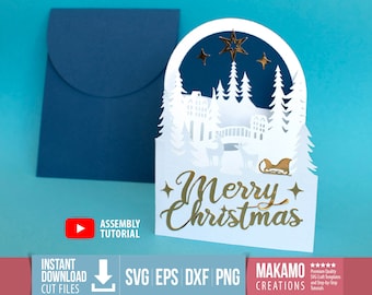3 plis modèle svg de carte de Noël, accordéon 3D pop up carte de Noël, design classique de Noël, carte de joyeux Noël couper des fichiers pour Cricut