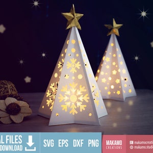 Arbre de Noël 3D lanterne en papier SVG, décoration de Noël bricolage, lanterne de Noël en papier cartonné, modèle de luminaires de Noël pour projets Cricut