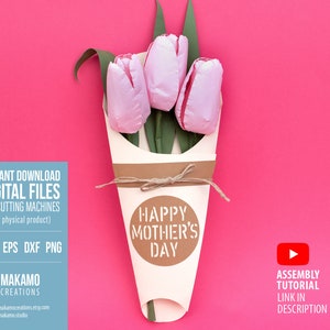 Karta z bukietem kwiatów svg, szablon karty pop-up z 3D tulipanem z okazji Dnia Matki i urodzin, pliki do cięcia dla Cricut, z uchwytem na kartę podarunkową