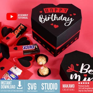 Boîte à explosion au chocolat SVG, boîte à explosion en forme de coeur avec bonbons, modèle de boîte cadeau d'anniversaire SVG, Saint-Valentin, anniversaire