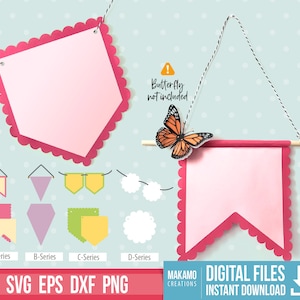 Bunting banners SVG-bundel, verjaardag banner svg, één laag en twee laags partij banner, sint-jakobsschelp sjabloon voor spandoek, vlag gesneden bestand voor cricut