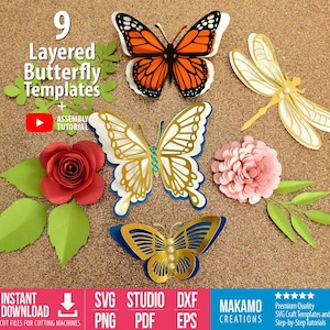 Pacote SVG de 9 camadas de borboletas - Modelos de borboletas de papel 3D com arquivos SVG de flores enroladas, SVG de libélulas e folhas grátis, projetos Cricut