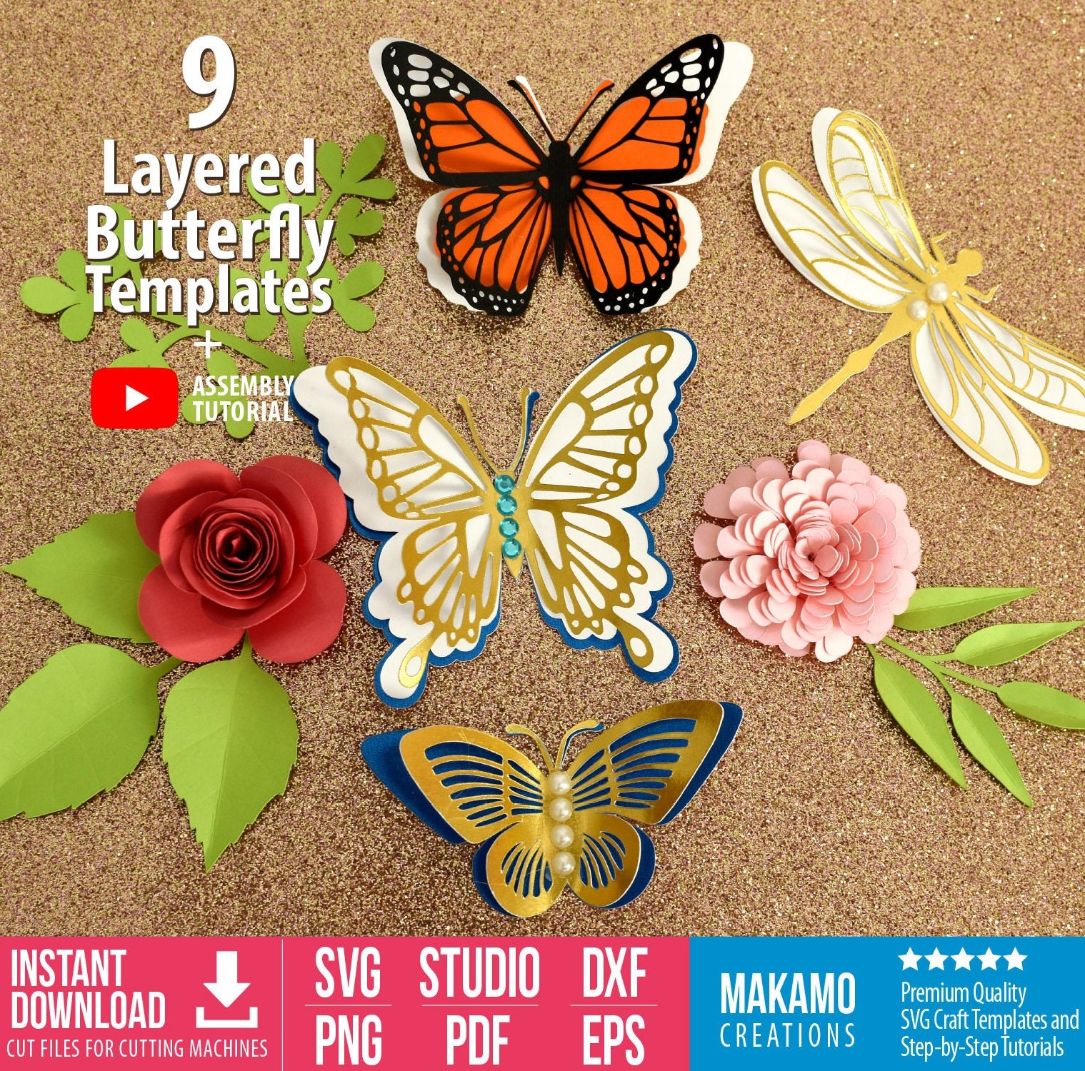 9 Layered Butterfly SVG Bundle - 3D paper butterfly Templates with Free rolled flower SVG, dragonfly svg and leaves files cricut projects