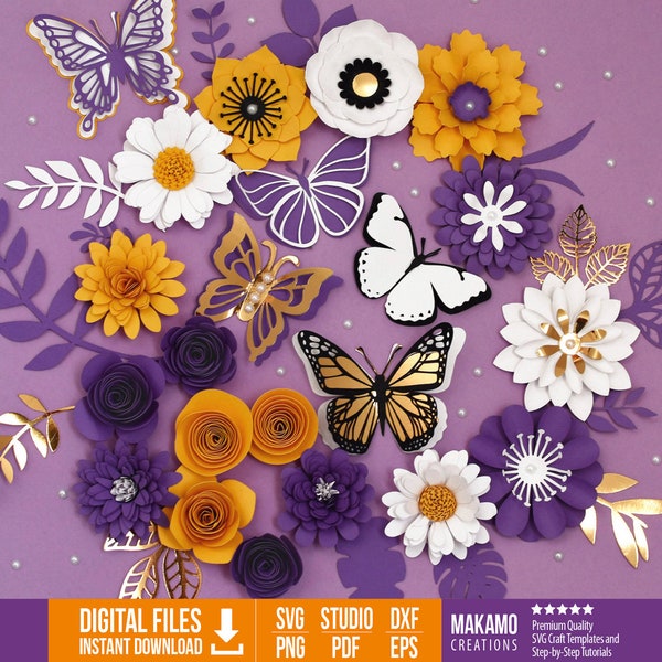 Paper Flower SVG Essential Bundle: Rolled Flower SVG & Butterfly SVG - Rolled Rose svg, daisy svg, 3D paper flower templates, Cricut flowers