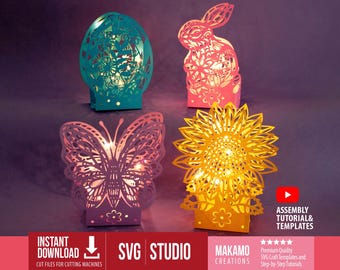 Paquete SVG de linterna de Pascua DIY: Conejito, huevo, girasol y mariposa (archivos digitales)